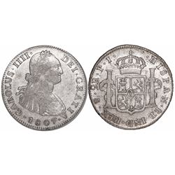 Potosi, Bolivia, bust 2 reales, Charles IV, 1807PJ.