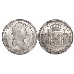 Potosi, Bolivia, bust 1 real, Ferdinand VII, 1821PJ, encapsulated NGC AU 55, finest known in NGC cen