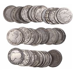 Large lot of 39 Potosi, Bolivia, bust 1 reales, Charles III through Ferdinand VII, various dates.