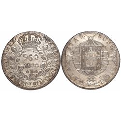 Brazil (Bahia mint), 960 reis, Joao VI, 1820-B, struck over a Madrid, Spain, bust 8 reales of Ferdin