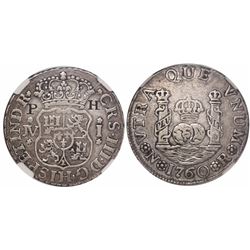 Bogota, Colombia, pillar 1 real, Charles III, 1760JV, very rare, ex-Emilio Ortiz, ex-Jorge Ortiz Mur