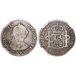 Bogota, Colombia, bust 1 real, Charles III, 1772V•J, encapsulated NGC VG 10, rare.