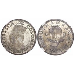 Bogota, Colombia, 2 reales, 1821JF, mintmark BA without • below A, encapsulated NGC AU 55.