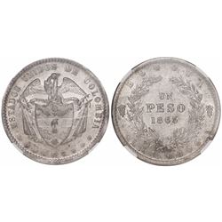 Bogota, Colombia, 1 peso, 1863, encapsulated NGC AU 58, finest known in NGC census.
