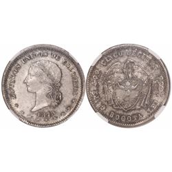 Bogota, Colombia, 5 decimos, 1870, encapsulated NGC MS 61, second finest known in NGC census.