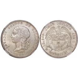 Medellin, Colombia, 5 decimos, 1886, fineness 0.500/835, no accent-mark, rare, encapsulated NGC MS 6