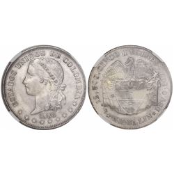 Medellin, Colombia, 5 decimos, 1886, fineness 0.500, "long Liberty head" type with five-point stars,