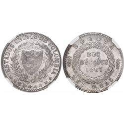 Bogota, Colombia, 2 decimos, 1867, five-point stars, encapsulated NGC MS 62, with WINGS gold sticker