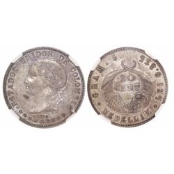 Bogota, Colombia, 20 centavos, 1874, "GRAM. 5" variety, encapsulated NGC AU 58, with WINGS silver st
