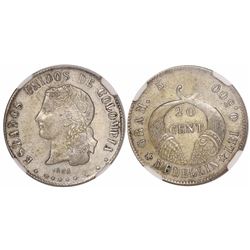 Medellin, Colombia, 20 centavos, 1886, fineness 0.500, large space between 5 and 500, encapsulated N