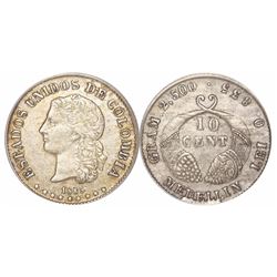 Medellin, Colombia, 10 centavos, 1885, fineness 0.835, encapsulated ANACS AU 50, ex-Dana Roberts.