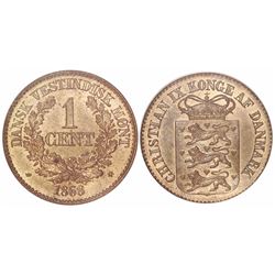 Danish West Indies, bronze 1 cent, 1868, encapsulated ANACS MS 63, ex-Dana Roberts.