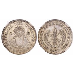 Quito, Ecuador, 1 real, 1837FP, transposed legends, rare, encapsulated NGC AU 58, with WINGS silver