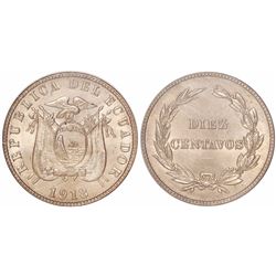 Ecuador (struck in Philadelphia), copper-nickel 10 centavos, 1918, encapsulated NGC MS 65, ex-Gilman