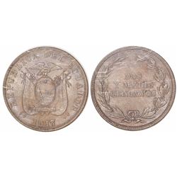 Ecuador (struck in Philadelphia), copper-nickel 2-1/2 centavos, 1917, encapsulated NGC MS 64, tied f