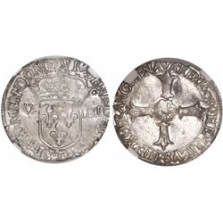 France (Nantes mint), 1/8 ecu, Louis XIII, 1603-T, encapsulated NGC MS 62, probably finest known in