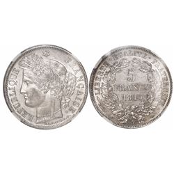 France (Paris mint), 5 francs, 1849-A, "Ceres" type, encapsulated NGC AU 58.