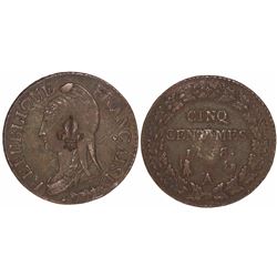 French West Indies (?), fleur-de-lis countermark on a Paris, France, copper 5 centimes, L'an 8/5 (17