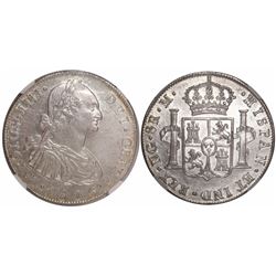 Guatemala, bust 8 reales, Charles IV, 1806/5M, encapsulated NGC AU 58, finest known in NGC census.