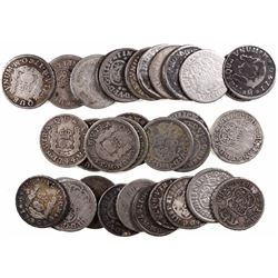 Large lot of 33 Mexico City, Mexico, pillar 1 reales, Philip V through Charles III, various dates.