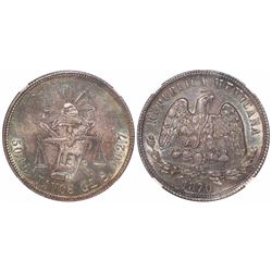 Guanajuato, Mexico, 50 centavos, 1870S, encapsulated NGC MS 63, tied for finest known in NGC census.