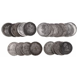 Large lot of 24 Lima, Peru, bust 2 reales, Charles III through Ferdinand VII, dates as follows: 1774