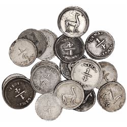 Large lot of 17 Lima, Peru, 1/4R, various dates: 1828, 1830, 1831, 1833, 1836, 1837, 1840, 1841, 184