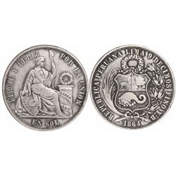 Lima, Peru, 1 sol, 1864YB, Arabic date (no overdate), D in dentils, rare.