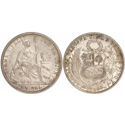 Lima, Peru, 1 sol, 1880YJ, no letters on ribbon, three berries.