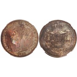 Lisbon, Portugal, 1000 reis, Maria II, 1844, encapsulated NGC AU 58.
