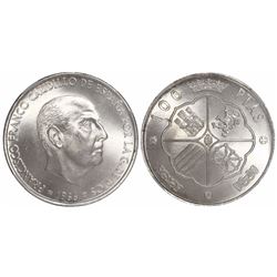Madrid, Spain, 100 pesetas, Franco, 1966, "19-69" in stars (straight 9), encapsulated NGC MS 65, sec
