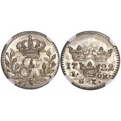 Sweden, 1 ore, 1722GZ, Fredrik I, encapsulated NGC MS 67, finest known in NGC census (for date and t