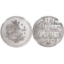 Turkey, billon 1 piastre, AH1187 / year 1 (1774), Abdul Hamid I, encapsulated NGC MS 63, finest know