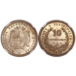 Uruguay, 10 centesimos, 1877-A, anchor pointing left, encapsulated NGC MS 65.