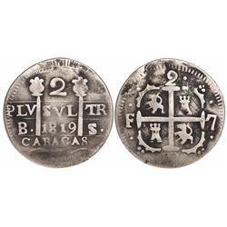 Caracas, Venezuela, 2 reales, Ferdinand VII, 1819BS, lions at top left and bottom right, F-7 flankin