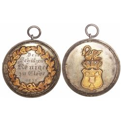 Kleve (Cleves), Germany, silver shooting medal with gold accent, 1875, rare.