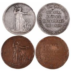 Lot of 2 Lima, Peru, large Constitution proclamation medals, 1839, one in silver and one in copper.