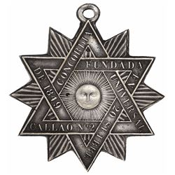 Callao, Peru, uniface silver medal in the form of a 12-point star with loop at top, 1849, Masonic.