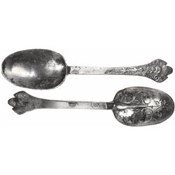 Ornate "Royal Portrait" pewter spoon, British, William III, rare and important slave-ship provenance