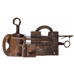 Lot of 3 iron padlocks (1 large, 1 medium and 1 small), all with keys, Spanish colonial, 1700s-1800s