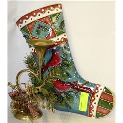 METAL CHRISTMAS STOCKING W/BRASS CANDLE HOLDER
