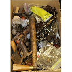 BOX OF ANTIQUE MISC ITEMS MOSTLY FURNITURE HANDLES