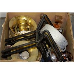 ESTATE BOX OF ASSORTED BRASS, ANTIQUE TOOLS, &MORE