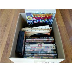 ASSORTED LOT OF 45'S, COMIC BOOKS & DVD'S