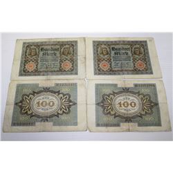 LOT OF 4-1920 100 GERMAN MARKS BANK NOTES