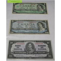 LOT OF 3 USA BANK NOTES INCL 1967-1 DOLLAR,1954-$5