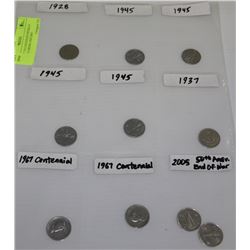 PAGE OF 10 CANADIAN NICKELS RANGING FROM 1928-2005