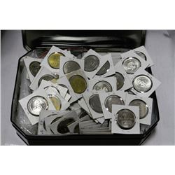 TIN WITH 185 ALBERTA TRADE TOKENS & 24 HOCKEY