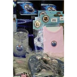 BOX WITH OILERS MEMORBILIA INCL. SLIPPERS,CAR