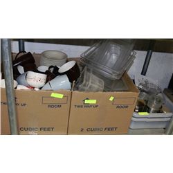 2 BOXES & 2 BUS PANS FULL OF CUPS/ UTENSILS/ ETC
